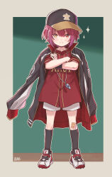  1boy a-ka aged_down alternate_costume alternate_hair_length_(shorter) alternate_hairstyle bandaid bandaid_on_knee bandaid_on_leg baseball_cap baseball_jersey black_hat black_jacket black_socks blush_stickers border brown_border child commentary_request crossed_arms dot_nose frown full_body genderswap genderswap_(ftm) gold_trim green_background hat heterochromia highres hololive houshou_marine jacket jacket_on_shoulders jersey looking_at_viewer male_focus outline outside_border red_eyes red_hair red_shirt shirt shoes short_hair shorts signature sneakers socks solo sparkle straight-on two-sided_fabric two-sided_jacket two-tone_hat v-shaped_eyebrows virtual_youtuber whistle whistle_around_neck white_outline white_shoes white_shorts wristband yellow_eyes 