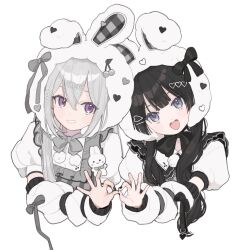  2girls :d animal_hood black_bow black_bowtie black_hair black_nails blue_eyes bow bowtie cherry_hat_ornament commentary cropped_torso detached_sleeves grey_bow grey_bowtie grey_hair hair_ornament hairclip heart heart_hair_ornament heart_hands heart_hands_duo highres higuchi_kaede hood kmgm_co long_sidelocks mole mole_under_eye multiple_girls nail_polish nijisanji official_alternate_costume puffy_detached_sleeves puffy_short_sleeves puffy_sleeves rabbit_hood short_sleeves sidelocks smile tsukino_mito untranslatable_commentary violet_eyes virtual_youtuber 