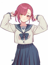 1girl a-ka alternate_costume arms_up blue_bow blue_bowtie blue_sailor_collar blue_skirt blush bow bowtie closed_mouth commentary_request cowboy_shot dot_nose head_tilt heterochromia highres holding_own_hair hololive houshou_marine long_skirt long_sleeves looking_at_viewer medium_hair pleated_skirt red_eyes red_hair sailor_collar school_uniform serafuku signature simple_background single_sidelock skirt smile twintails virtual_youtuber white_background white_serafuku yellow_eyes 