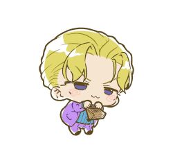  :3 bag blonde_hair blue_shirt chibi chibi_only diamond_wa_kudakenai holding holding_bag jojo_no_kimyou_na_bouken kira_yoshikage male_focus pants paper_bag purple_pants rheprtn2wjd shirt solo solo_focus suit swirl_on_cheek violet_eyes 