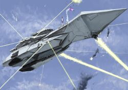  aircraft airship black_smoke blue_sky clouds commentary_request contrail day energy_beam energy_cannon explosion falling_object firing floating highres military military_vehicle missile no_humans original science_fiction ship_turret sky tyokugekidato vehicle_focus 