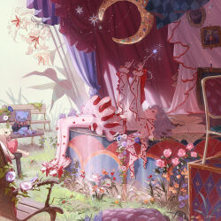  1girl absurdres aki_a0623 book casting_spell crescent curtains day dress flower full_body grass grey_hair highres holding holding_wand jester jester_costume long_hair long_sleeves lying on_back open_mouth original outdoors pantyhose puffy_sleeves red_eyes shoes solo stage stage_curtains stuffed_animal stuffed_toy wand 