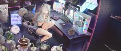  1girl ahoge animal_ear_piercing animal_ears birthday_cake black_choker black_shorts breasts cake choker commentary_request computer computer_keyboard computer_mouse computer_tower denim denim_shorts double-parted_bangs eating food grey_eyes grey_hair grey_socks hair_between_eyes highres holding hololive hyde_(tabakko) indoors instant_cup_noodles instant_noodles large_breasts lion_ears lion_girl lion_tail long_hair loose_clothes loose_shirt loose_socks messy_hair monitor multiple_monitors official_alternate_costume parallel_piercings shirt shishiro_botan shishiro_botan_(midnight_convenience_store) shorts sitting socks solo ssrb_(shishiro_botan) t-shirt tail torn_clothes torn_shorts virtual_youtuber white_shirt 