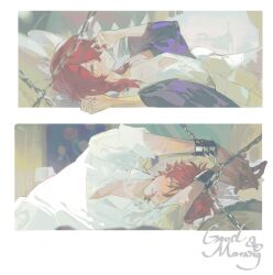  1boy bed bound bound_wrists chain closed_mouth collared_shirt commentary_request cuffs hair_between_eyes highres looking_at_viewer lying male_focus multiple_views on_back on_bed open_clothes open_shirt original parted_lips partially_unbuttoned pillow qyzhiaiyisheng red_hair shirt short_sleeves virtual_youtuber white_shirt yellow_eyes 