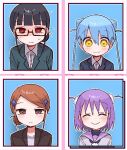  1other 4girls ^_^ ambiguous_gender bags_under_eyes black_hair black_undershirt blue_background blue_jacket blunt_bangs blush brown_eyes brown_hair brown_jacket closed_eyes collage collared_shirt cone_hair_bun death_merumeru double_bun frown glasses hair_bun hair_ornament hair_scrunchie hairclip half-closed_eyes harukaze_kodama id_photo inukai_mirai jacket long_hair looking_at_viewer loose_hair_strand multiple_girls outline portrait purple_hair purple_sailor_collar raised_eyebrows red_eyes sailor_collar scrunchie semi-rimless_eyewear shinigami_dot_com shirt short_hair simple_background single_hair_bun smile suit_jacket sweatdrop swept_bangs toukyou_tama twintails two_side_up white_outline yasashii_naizou yellow_eyes 