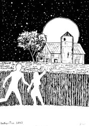  1boy 1girl barn brother-tico commentary english_commentary farm full_body height_difference ink inktober moon original pointing sky star_(sky) tree 