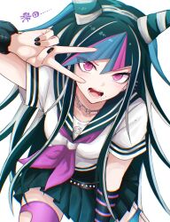  1girl :d absurdres belt black_belt black_nails black_sailor_collar black_skirt breasts danganronpa_(series) danganronpa_2:_goodbye_despair face_piercing hair_horns highres medium_breasts miniskirt mioda_ibuki mouth_piercing multicolored_hair neckerchief piercing pink_eyes pink_neckerchief pink_thighhighs pleated_skirt rrtp sailor_collar scrunchie shirt short_sleeves skirt smile solo teeth thigh-highs tongue torn_clothes torn_thighhighs white_shirt wrist_scrunchie 