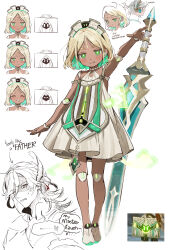  1girl 2boys alhaitham_(genshin_impact) arm_at_side arm_up blonde_hair blush briefcase bright_pupils child closed_eyes closed_mouth colored_inner_hair commentary confused dark-skinned_male dark_skin doll_joints dress earphones english_commentary english_text eyelashes facial_mark facing_viewer feather_hair_ornament feathers forehead_mark frilled_dress frills frown full_body furrowed_brow game_screenshot_inset genshin_impact green_eyes green_hair hair_ornament half-closed_eyes highres hwan_(mob_hwan) joints kaveh_(genshin_impact) mehrak_(genshin_impact) multicolored_hair multiple_boys multiple_expressions naughty_face nervous_sweating o-ring_dress open_hand parted_bangs parted_lips personification popped_collar reference_inset reference_sheet robot_girl screenshot_inset shaded_face short_dress short_hair sidelocks sleeveless sleeveless_dress slit_pupils smile speech_bubble standing sweat tsurime wavy_hair white_background white_dress white_headdress white_mouth white_pupils xiphos'_moonlight_(genshin_impact) 