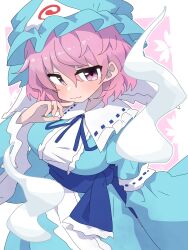  1girl absurdres blue_hat blue_kimono blue_ribbon blush closed_mouth commentary frilled_kimono frills hat highres hitodama japanese_clothes kimono long_sleeves looking_at_viewer medium_hair mob_cap neck_ribbon pink_eyes pink_hair ribbon ribbon-trimmed_collar ribbon_trim saigyouji_yuyuko sleeve_garter soesoe300 solo touhou triangular_headpiece wide_sleeves 