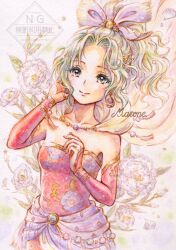  1girl artist_name cape closed_mouth commentary_request detached_sleeves dress earrings falling_petals final_fantasy final_fantasy_vi flower gold_trim hair_ornament hair_ribbon hand_in_own_hair jewelry long_hair marone2ji parted_bangs petals pink_ribbon ponytail red_dress red_sleeves ribbon sash smile solo strapless strapless_dress terra_branford upper_body waist_sash yellow_cape 