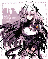  arknights breasts civilight_eterna_(arknights) cleavage_cutout clothing_cutout colored_skin demon_girl demon_horns gnome_(gnome_0000) highres horns huge_breasts large_breasts light_smile long_hair material_growth originium_(arknights) oripathy_lesion_(arknights) pink_background pink_eyes pink_hair sketch smile theresa_(arknights) very_long_hair white_skin 