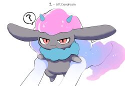  ? black_fur blue_horns daedream fang highres horns long_hair looking_at_viewer pal_(creature) palworld pink_hair pov pov_hands purple_hair red_eyes seuppi simple_background small_horns solo_focus speech_bubble white_background 