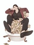  1boy akiyama_shun arms_up banknote bathtub belt black_belt black_eyes black_footwear black_hair black_pants black_shirt collarbone collared_shirt facial_hair full_body hair_slicked_back hakumai_(hakumai_56) highres jacket jewelry long_sleeves male_focus money necklace open_mouth pants red_jacket ryuu_ga_gotoku_(series) shirt shoes short_hair smile solo stubble v-shaped_eyebrows watch watch white_background 