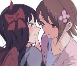 2girls black_hair blush bow brown_eyes brown_hair closed_mouth commentary_request demon_horns demon_wings dokusai_0207 eye_contact fang flower hair_bow hair_flower hair_ornament hand_on_another's_chin highres horns irasutoya irasutoya_challenge long_hair looking_at_another mole mole_under_mouth multiple_girls parted_lips pink_flower pink_shirt red_bow shirt simple_background smile white_background wings yuri 