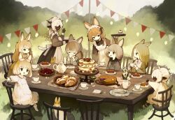  6+girls animal_ears apron black_skin cake cake_slice chair cherry child closed_mouth collared_dress colored_skin cup day dessert dress drinking flower foliage food fruit grass holding holding_cup holding_saucer long_sleeves looking_at_another looking_at_viewer maid maid_apron maid_headdress multicolored_hair multiple_girls original outdoors party pastry pie pie_slice plate pole rabbit rabbit_ears rabbit_girl rabbit_tail sakutake_(ue3sayu) saucer sitting slice_of_life standing strawberry string_of_flags table tail tea_party teacup teapot tree vase white_apron white_flower wooden_chair wooden_table 