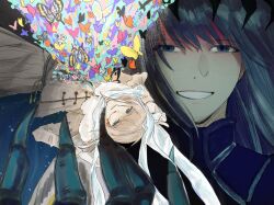  arthropod_boy arthropod_limbs blood blood_on_face blue_eyes bug butterfly commentary_request dual_persona fate/grand_order fate_(series) fur_trim goanaoi grey_hair highres long_sleeves looking_at_viewer male_focus medium_hair mini_person miniboy oberon_(fate) oberon_(second_ascension)_(fate) oberon_(third_ascension)_(fate) open_mouth smile upside-down 