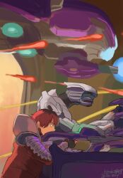  2boys aiming alien arbiter armor battle clouds coat combat_helmet covenant_carbine dated dropship east-west_crossover firing gun halo_(series) halo_2 helmet highres holding holding_gun holding_weapon kanokoga multiple_boys phantom_(halo) plasma plasma_cannon red_coat red_hair rtas'vadum scene_reference science_fiction signature silver_armor sousou_no_frieren stark_(sousou_no_frieren) weapon white_armor white_helmet 