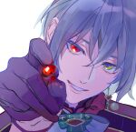  1boy bishounen black_gloves bow bowtie close-up colored_eyelashes dangle_earrings earrings gloves grey_hair hair_between_eyes half_gloves heart heart_earrings heterochromia highres jewelry looking_at_viewer mahoutsukai_no_yakusoku male_focus owen_(mahoutsukai_no_yakusoku) parted_lips portrait red_eyes ringoru short_hair smile solo white_background yellow_eyes 