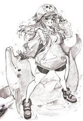  1girl :d backpack bag bike_shorts commentary_request dolphin fingerless_gloves full_body gloves graphite_(medium) greyscale guilty_gear guilty_gear_strive hat highres hood hoodie long_hair long_sleeves looking_at_viewer may_(guilty_gear) monochrome mr._dolphin_(guilty_gear) newsboy_cap nt50 open_mouth puffy_sleeves shoes skull_and_crossbones smile solo traditional_media 