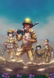  4girls absurdres ak-74 aks-74 ammunition_belt artist_collaboration assault_rifle balalaika_(black_lagoon) black_hair black_lagoon blonde_hair blue_eyes blue_helmet blue_shirt body_armor brown_hair brown_jacket brown_pants cargo_pants carrying_over_shoulder combat_helmet commentary dust english_commentary flower fluffkaiser fyugins_png gun helmet highres holding holding_flower jacket kalashnikov_rifle load-bearing_equipment long_hair multiple_girls original outdoors pants rifle shirt soviet_army striped_clothes striped_shirt telnyashka vdv war_in_afghanistan weapon weapon_request 