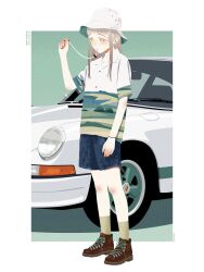  1girl :o blonde_hair blue_shorts blunt_bangs boots border brown_boots brown_hair brown_nails bucket_hat car chinstrap collared_shirt colored_eyelashes commentary elbow_blush full_body gakuen_idolmaster hand_up hat highres holding holding_strap idolmaster kisshou_(georgie_san) knee_blush leather leather_boots long_hair long_sidelocks looking_down motor_vehicle nail_polish orange_eyes parted_lips polo_shirt porsche shinosawa_hiro shirt short_sleeves shorts sidelocks socks solo standing untranslatable_commentary white_border white_car white_hat 