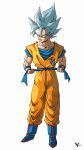  1boy blue_eyes blue_footwear blue_hair blue_sash blue_shirt boots dragon_ball dragon_ball_super full_body highres jumpsuit kakeru_(dbskakeru) looking_to_the_side orange_jumpsuit sash shirt sleeveless solo son_goku spiky_hair toriyama_akira_(style) 