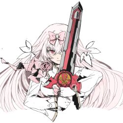  1girl arcaea bow carnation closed_mouth collar commentary_request cropped_torso crossed_bangs detached_collar dress dress_bow flower frilled_dress frilled_sleeves frills ganetivy_69 gloves hair_between_eyes hair_bow highres hikari_(arcaea) hikari_(fatalis)_(arcaea) holding holding_sword holding_weapon long_hair long_sleeves pink_bow pink_carnation pink_flower pink_hair red_eyes simple_background solo straight-on sword upper_body weapon weapon_request white_background white_collar white_dress white_gloves wide_sleeves 