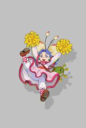  1girl animal animal_on_head bag bloomers brown_shoes capelet commentary_request curtained_hair dress earrings grandia grandia_i green_bag grey_background highres holding holding_pom_poms jewelry jumping long_hair long_sleeves midair on_head pink_capelet pink_dress pom_pom_(cheerleading) purple_hair puui_(grandia) shoes shoulder_bag simple_background socks sphere_earrings striped_clothes striped_socks sue_(grandia) urasato violet_eyes white_bloomers 