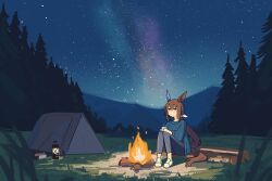  1girl :/ absurdres admire_vega_(casual)_(umamusume) admire_vega_(umamusume) animal_ears blue_pants blue_sky blue_sweater brown_hair campfire camping commentary cup double-parted_bangs ear_covers english_commentary full_body hair_between_eyes highres holding holding_cup horse_ears horse_girl horse_tail hot_drink lantern long_hair long_sleeves low_ponytail mountain myticalcat night on_log outdoors pants ponytail red_eyes ribbed_sweater shoes sidelocks single_ear_cover sitting sitting_on_log sky solo star_(sky) starry_sky sweater tail tent tree umamusume very_long_hair white_shoes 