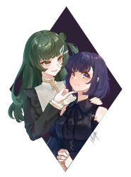  2girls absurdres akiha_school_uniform bang_dream! bang_dream!_yumemita black_corset black_dress blush bob_cut breasts clotho_matcha corset dress frilled_dress frills fuji_miyako fuji_miyako_(real) green_hair hair_bun hair_ornament hairclip hand_on_another's_chin hand_on_another's_shoulder highres long_hair long_sleeves mole mole_under_mouth multiple_girls one_side_up open_mouth purple_hair school_uniform short_hair simple_background single_side_bun viola_(bang_dream!) violet_eyes white_background x_hair_ornament yuri 