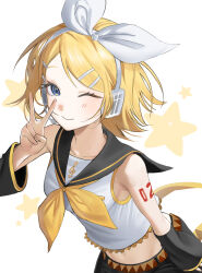  1girl 70hx_n absurdres belt black_sailor_collar black_shorts black_sleeves blonde_hair bow breasts detached_sleeves hair_bow hair_ornament hairclip headphones headset highres kagamine_rin looking_at_viewer medium_breasts midriff navel neckerchief number_tattoo one_eye_closed parallel_hairclips sailor_collar shirt short_hair shorts simple_background sleeveless sleeveless_shirt smile star_(symbol) tattoo treble_clef v vocaloid white_background white_bow white_shirt yellow_belt yellow_neckerchief yellow_trim 