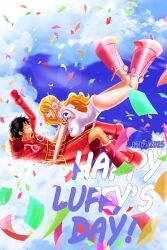  1boy 1girl black_hair blue_sky boots chixyart clouds coat confetti flying gloves grin happy_birthday hat hat_on_back headphones highres hug monkey_d._luffy nami_(one_piece) no_pants official_alternate_costume one_piece orange_hair panties red_coat red_gloves scar scar_on_face shoulder_tattoo sky smile straw_hat sweater tattoo turtleneck turtleneck_sweater underwear 