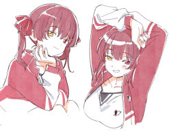  1girl a-ka alternate_costume arms_up collarbone commentary_request dot_nose fingernails gym_uniform hand_on_own_chin head_rest heterochromia highres hololive houshou_marine jacket looking_at_viewer multiple_views open_clothes open_jacket pink_nails red_eyes red_hair red_jacket shirt simple_background smile twintails upper_body virtual_youtuber white_background white_shirt yellow_eyes 