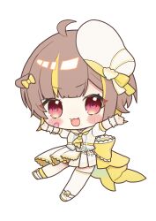  1girl :3 :d ahoge ascot asymmetrical_legwear blonde_streaks blunt_bangs blush_stickers bow brown_hair chibi chibi_only commentary_request dress fangs full_body hair_bow hands_up hat highres looking_at_viewer million_production mismatched_legwear multicolored_hair open_mouth otonose_raco plaid_clothes plaid_dress red_eyes shoes short_hair short_sleeves simple_background single_sock single_thighhigh sleeveless sleeveless_dress smile socks solo streaked_hair thesosh221 thigh-highs uneven_legwear v-shaped_eyebrows virtual_youtuber white_background white_hat white_shoes white_thighhighs wrist_cuffs yellow_ascot yellow_bow yellow_dress yellow_socks 