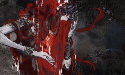  1boy animal_on_shoulder armor black_snake chainmail colored_skin commentary elden_ring elden_ring:_shadow_of_the_erdtree fingernails from_side grey_background grey_skin helmet highres holding_flame long_arms messmer_the_impaler ornate ornate_armor red_robe red_shawl red_snake robe shaokaotanzhu sharp_fingernails shawl simple_background single_bracelet single_vambrace sleeveless_tunic snake snake_on_shoulder snake_wrapped_around_body solo vambraces winged_helmet 