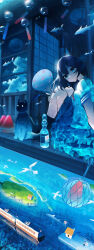  1girl absurdres bird black_hair black_skirt black_socks blue_eyes blue_sky clouds commentary_request fantasy food fruit hair_between_eyes hand_fan highres island kenzo_093 knees_up looking_at_viewer multiple_unit_train ocean original paper_fan plate ramune sailor_collar school_uniform shirt sitting skirt sky socks train watermelon watermelon_slice white_shirt wind_chime 