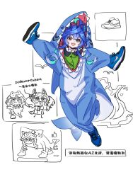  3girls @_@ agay1996 ahoge animal_costume animal_ears aqua_hair blue_eyes blue_hair blue_shoes camera_flash chibi commentary_request crossed_bangs doodle_inset ear_covers ear_ribbon full_body heterochromia highres holding holding_phone hood hood_up horse_ears horse_girl leaning_on_object like_and_retweet looking_at_viewer matikanetannhauser_(umamusume) multicolored_hair multiple_girls multiple_views nice_nature_(umamusume) nike_(company) onesie open_mouth outstretched_arms phone plunger shark_costume sharp_teeth shoes sidelocks simple_background smile standing tail taking_picture teeth twin_turbo_(umamusume) twintails two-tone_hair umamusume upper_teeth_only violet_eyes white_background 