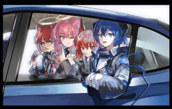  4girls arknights black_gloves black_jacket blue_eyes blue_hair car chinese_commentary chips_(food) commentary_request demon_horns exusiai_(arknights) exusiai_the_new_covenant_(arknights) fiammetta_(arknights) fingerless_gloves food gloves hair_between_eyes halo horns jacket kumo_ryuun lemuen_(arknights) long_hair long_sleeves looking_at_viewer mostima_(arknights) motor_vehicle multiple_girls one_eye_closed open_mouth open_window pink_hair potato_chips pringle_duck red_eyes red_hair short_hair smile traditional_halo upper_body v window yellow_eyes 