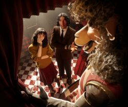  1boy 1girl 1other 3d absurdres animatronic black_hair black_necktie black_shoes bracelet brown_eyes brown_jacket brown_pants checkered_floor collared_shirt commentary curly_hair curtains dress earrings english_commentary formal_clothes froz_0 furry furry_female hand_on_own_face highres jack_walten jacket jewelry long_hair long_sleeves looking_at_another medium_hair necktie open_mouth orange_sweater pants red_dress red_skirt rosemary_peony_walten sha_the_sheep sheep_girl shirt shoes skirt sleeves_rolled_up smile standing striped_clothes striped_dress suit suit_jacket sweater teeth the_walten_files turtleneck turtleneck_sweater vest white_shirt yellow_shirt yellow_sweater 