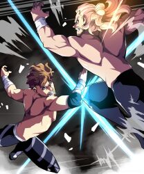  2boys all_elite_wrestling attack bandages blonde_hair blue_eyes brown_hair clash clenched_teeth collision elbow_pads elbowing english_commentary fighting highres kenny_omega knee_pads kneeing long_hair male_focus multiple_boys muscular muscular_male norbertogaetan short_hair single_elbow_pad teeth will_ospreay wrestler wrestling wrestling_outfit wristband 