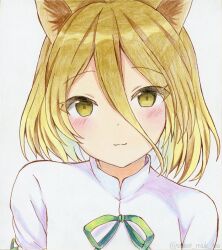  1girl :3 animal_ears blonde_hair colored_pencil_(medium) commentary_request eyes_visible_through_hair fox_ears fox_girl green_ribbon hair_between_eyes kudamaki_tsukasa light_blush light_smile medium_hair portrait ribbon solo sweet_miuk_tea touhou traditional_media yellow_eyes 