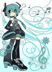  1girl aqua_eyes aqua_hair aqua_necktie aqua_theme aqua_trim black_boots black_sleeves boots detached_sleeves eighth_note grey_shirt hatsune_miku headset highres long_hair looking_at_viewer milk_(milk319319) musical_note necktie shirt sleeveless sleeveless_shirt sleeves_past_fingers sleeves_past_wrists solo treble_clef very_long_hair vocaloid 