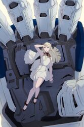  1girl beam_rifle blonde_hair commentary earrings energy_gun gigi_andalusia gundam gundam:_hathaway's_flash highres jewelry lipgloss lipstick long_hair makeup marulka mobile_suit red_lips robot science_fiction solo very_long_hair weapon xi_gundam 