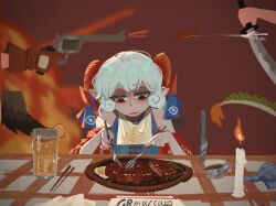  3girls artist_name blue_dress brown_wings candle character_print chinese_commentary chopsticks closed_mouth commentary_request cup curly_hair detached_sleeves dragon_girl dragon_tail dress drinking_glass duel earrings eating feathered_wings firing food fork fried_egg frown fur-tipped_tail gloves gravy gravy_boat green_scales grey_hair grmarsa gun handkerchief highres holding holding_fork holding_gun holding_knife holding_sword holding_weapon hoop_earrings horn_ornament horn_ribbon horns jewelry juice katana kicchou_yachie knife kurokoma_saki medium_hair multiple_girls orange_juice plate pointy_ears red_background red_eyes red_gloves red_horns red_sleeves revolver ribbon sheep_horns solo_focus steak sword tail touhou toutetsu_yuuma weapon wings yakumo_ran 