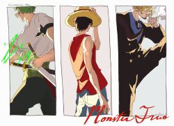  3boys blonde_hair cigarette commentary english_commentary facial_hair giovannipng goatee green_hair greyscale hair_over_one_eye highres holding holding_cigarette holding_sword holding_weapon male_focus monkey_d._luffy monochrome multiple_boys mustache_stubble one_piece roronoa_zoro sanji_(one_piece) smoking stubble sword weapon 