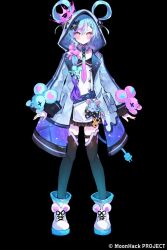  1girl black_background black_bow black_thighhighs bow braid commentary_request copyright_notice crown full_body gradient_hair hair_rings hood hoodie jacket looking_at_viewer mini_crown moonhack multicolored_eyes multicolored_hair noyu_(noyu23386566) official_art pink_streaks polka_dot second-party_source single_braid skindentation solo streaked_hair stuffed_toy tachi-e tenki_miimi thigh-highs white_hoodie 