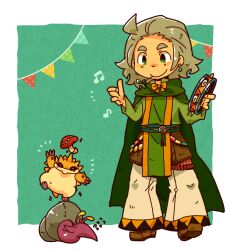  1boy bard_(sekaiju) bard_3_(sekaiju) beamed_eighth_notes border cloak closed_mouth commentary_request creature eighth_note full_body green_background green_cloak green_eyes green_shirt grey_hair hands_up hari_nezumi_(sekaiju) holding holding_instrument holding_tambourine instrument long_sleeves male_focus mori_maimai_(sekaiju) motimamire mouth_hold mushroom musical_note pants sekaiju_no_meikyuu sekaiju_no_meikyuu_1 shirt short_hair smile snail stalk_in_mouth standing tambourine white_border white_pants 