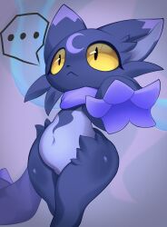  ... absurdres black_fur crescent crescent_facial_mark esukafe facial_mark highres navel no_humans pal_(creature) palworld purple_fur slit_pupils solo speech_bubble tail two-tone_fur wispaw yellow_eyes 