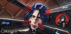  absurdres ara_(signalis) black_hair blue_eyes blue_hair blurry blurry_background bottle drinking falke_(signalis) gulping hair_over_one_eye highres krasmazoff long_hair looking_to_the_side looking_up portrait red_background robot_girl short_hair signalis sweat teaser to_be_continued 