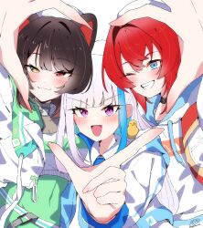  3girls :3 :d absurdres ange_katrina animal_ears animal_on_shoulder arm_up belt bird bird_on_shoulder black_collar blue_eyes blue_hair blunt_bangs blush bokotaro_4242 brown_hair closed_mouth collar commentary_request dog_ears dress green_dress grin hair_intakes hand_up hat heart heart_hands heart_hands_trio heterochromia highres hood hood_down hoodie inui_toko jacket lize_helesta long_hair long_sidelocks long_sleeves looking_at_viewer medium_hair multicolored_hair multiple_girls nijisanji official_alternate_costume one_eye_closed open_clothes open_jacket open_mouth red_eyes red_hair sanbaka_(nijisanji) sebastian_piyodore sidelocks signature slit_pupils smile streaked_hair twitter_username two-tone_hair v-shaped_eyebrows violet_eyes virtual_youtuber white_background white_belt white_collar white_dress white_hair white_hat white_hoodie white_jacket yellow_bird yellow_eyes 